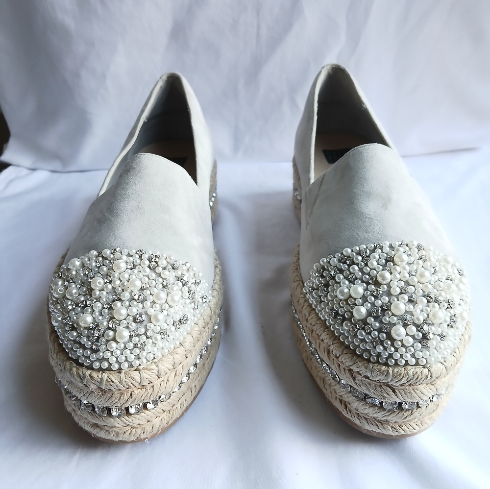 White House Black Market Platform Espadrilles Faux Pearl Accents